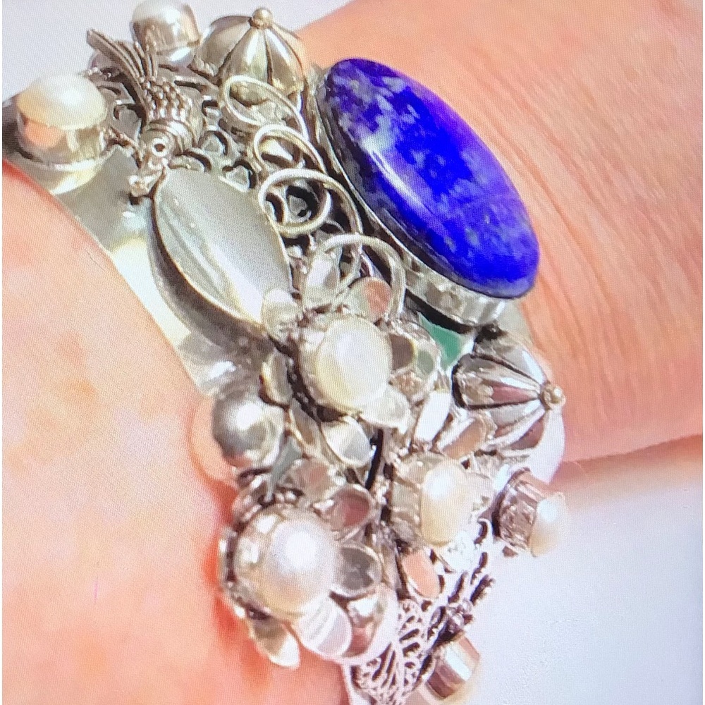 Lapis Lazuli Stamped 925 Sterling Silver Cuff Bracelet